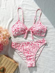 Swim Mod 女款兩件式比基尼泳衣套裝，小碎花圖案，隨機雙肩帶設計，胸前蝴蝶結裝飾，高腰，海島沙灘休閒度假泳裝 - 玫紅色 - 查看 2