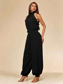 SHEIN BAE Spring/Summer Solid Brown Halter Neck Women's Lantern Pants Jumpsuit, Brown Chiffon Elegant Lantern Pants - Black - View 4