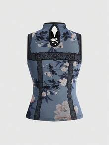 ROMWE Avant Retro New Chinese Style Garden Window Flower Print Mandarin Collar Plus Size Women Tank Top - Blue - View 2