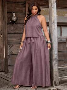 Nubod Plus Size Solid Color Halter Top And Wide Leg Pants 2 Pieces Set - Dusty Purple - View 3