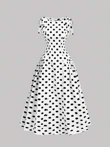 SHEIN MOD 女款經典黑白波點長洋裝，蝴蝶結肩袖設計，優雅 1960 年代復古 70 年代浪漫風，適合夏季野餐、婚禮、派對、約會 - 黑與白 - 查看 6