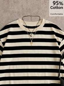 SHEIN EZwear 95%棉女款黑色與杏色條紋寬鬆中長版T恤－落肩設計，休閒/居家 - 彩色 - 查看 4