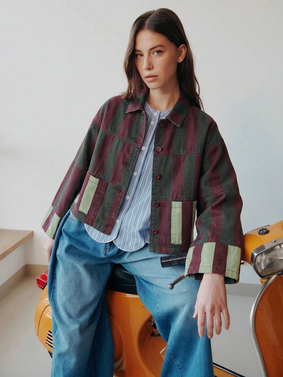 Nöista Women's Striped Cropped Jacket In Warm Pink And Rust Tones With Contrast Patch Pockets - Multicolor - View 1