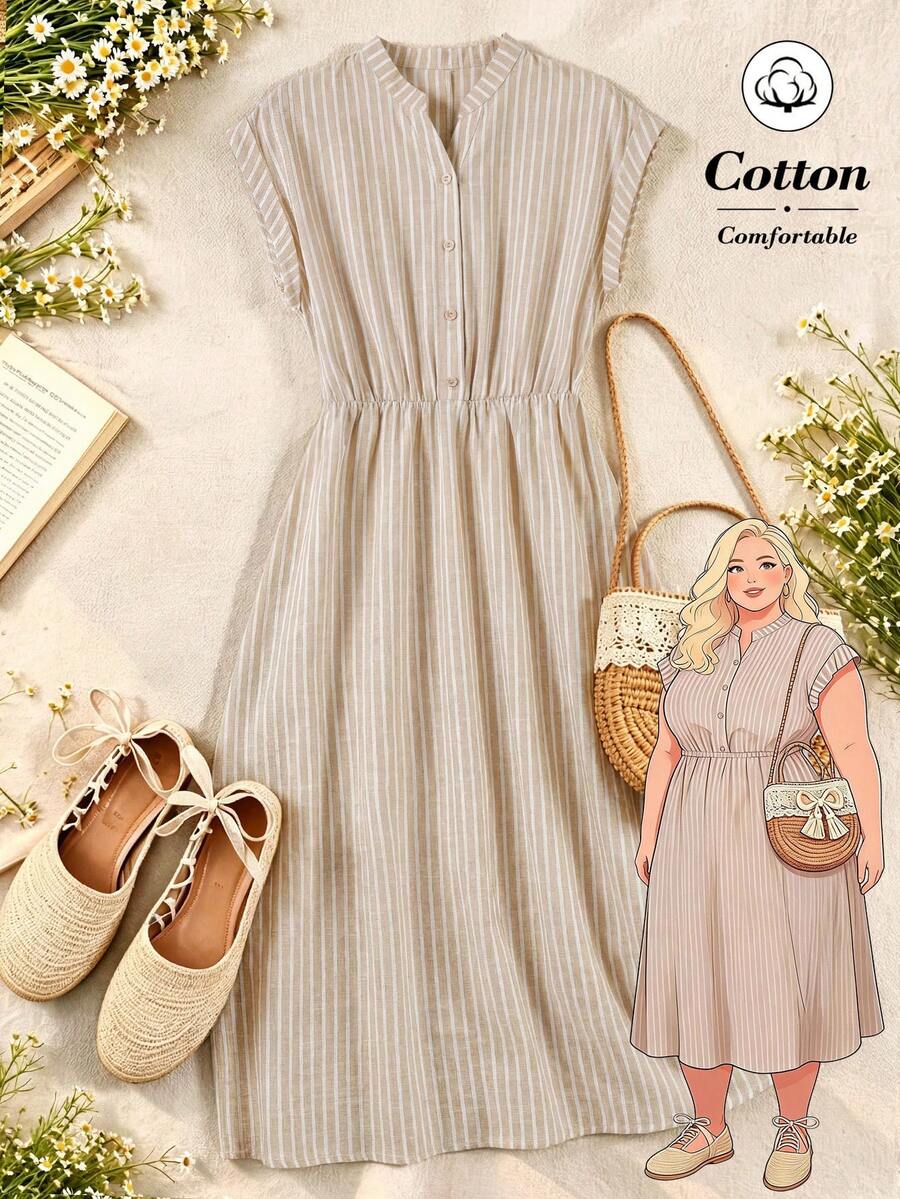 Rusticease Plus Size Striped Notch V-Neck Button Placket Casual Summer Dress Vacation Outfits For Women Beach Going Out Holiday - Multicolor - View 1