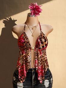 SHEIN ICON Plus Size Y2K Sexy Halter Neck Vacation Print Back Tie Asymmetrical Hem Mesh Top Summer Night Out Pink Leopard Print - Multicolor - View 3