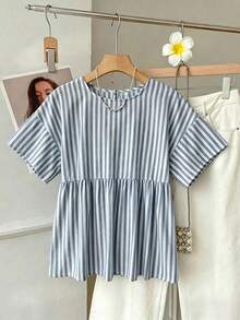 SHEIN EZwear 女款條紋圓領短袖寬鬆娃娃衫上衣 - 藍白色 - 查看 7