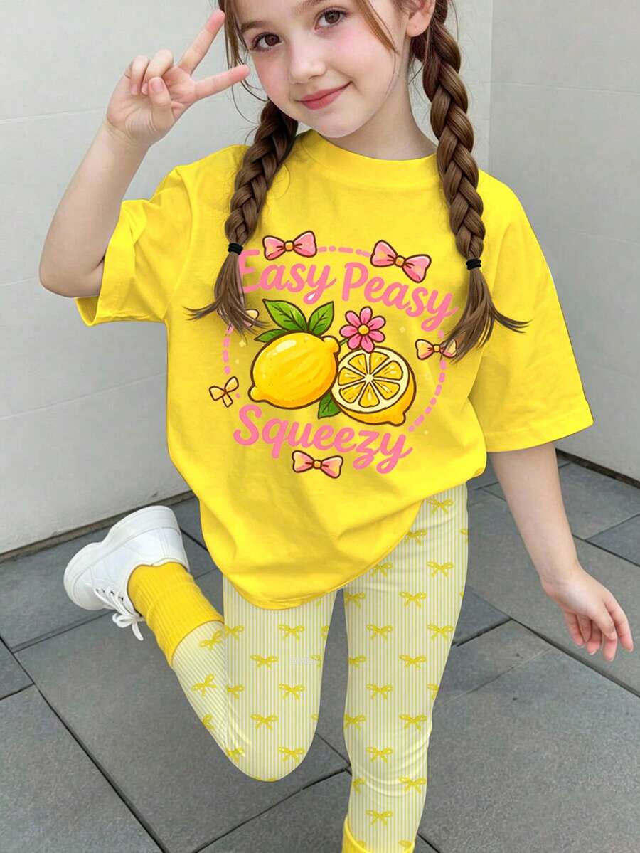 休閒甜美多巴胺檸檬蝴蝶結圖案印花,年輕女孩休閒舒適柔軟寬鬆圓領短袖T恤休閒內搭褲,適合春夏季日常、居家、度假、節日、春季氛圍、夏季氛圍、春夏季穿搭、輕鬆舒適、時尚女孩套裝、休閒穿著、女孩花卉圖案衣服、春夏季套裝、新風格、悠閒放鬆、春季氛圍悠閒夏季假期 - 彩色 - 查看 1