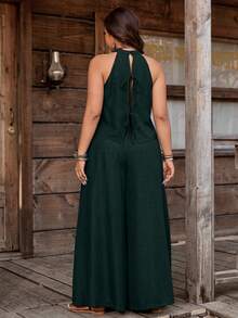Nubod Plus Size Denim Effect Halter Top + Wide Leg Pants 2 Pieces Set - Dark Green - View 2