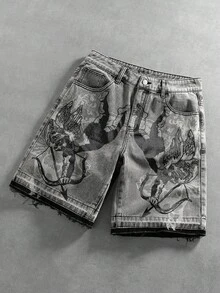 ROMWE MEN Street Life Men's Distressed Vintage Cupid Print Denim Shorts - Black - View 4