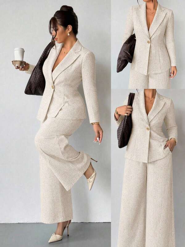 SHEIN Clasi Conjunto de 2 piezas de chaqueta de manga larga con cuello moteado y pantalones de unicolor para mujer de talla grande, estilo vintage de moda
