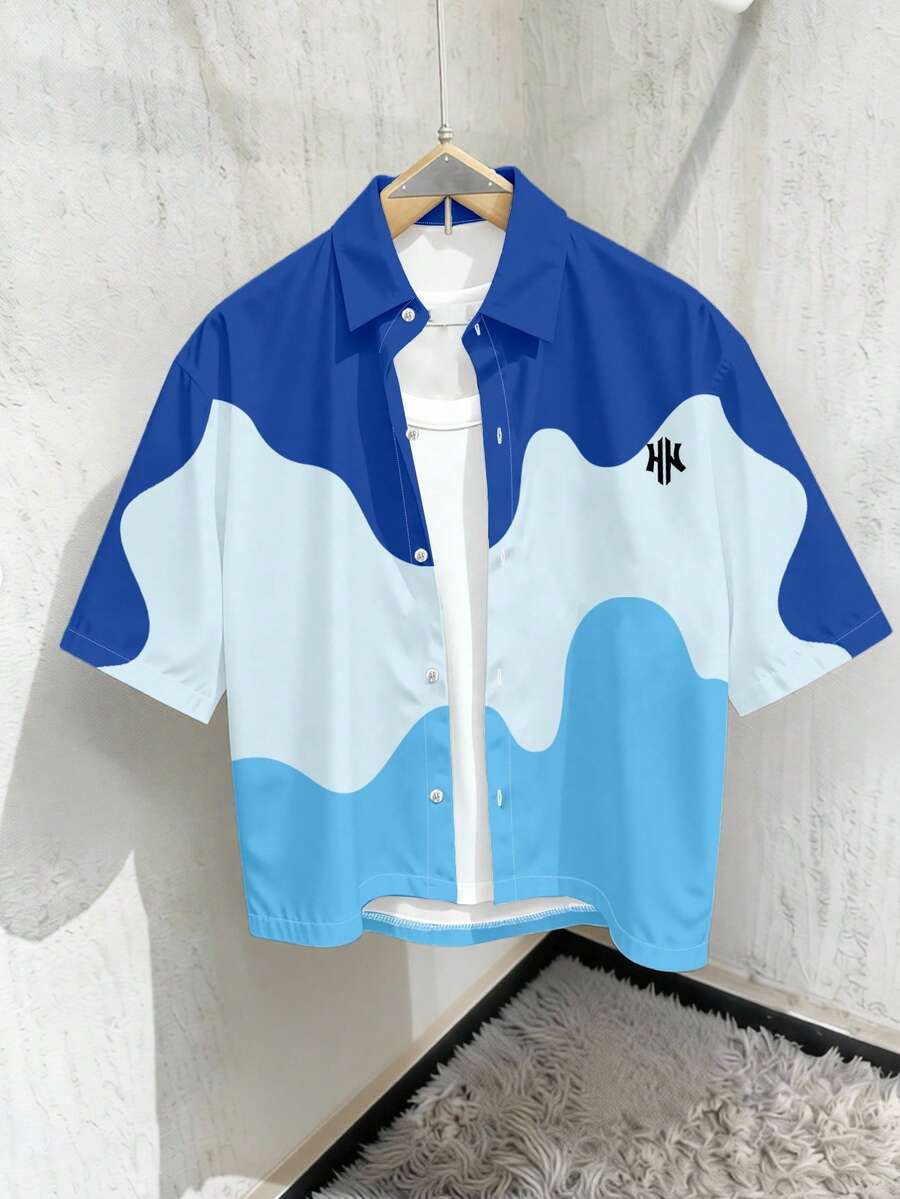 Manfinity Roghcode Camisa de manga corta con estampado y color contrastante de un solo pecho para hombres - Multicolor - Ver 1