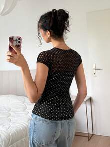 SHEIN EZwear 黑色針織網格拼接修身上衣 - 黑色 - 查看 2