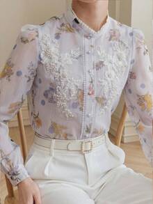 Anewsta Summer Elegant Court Style Heavy Pearl Decor Beaded Small Stand Collar Plain Floral Polka Dot Print Slightly Sheer White Long Sleeve Women Blouse - Mauve Purple - View 3