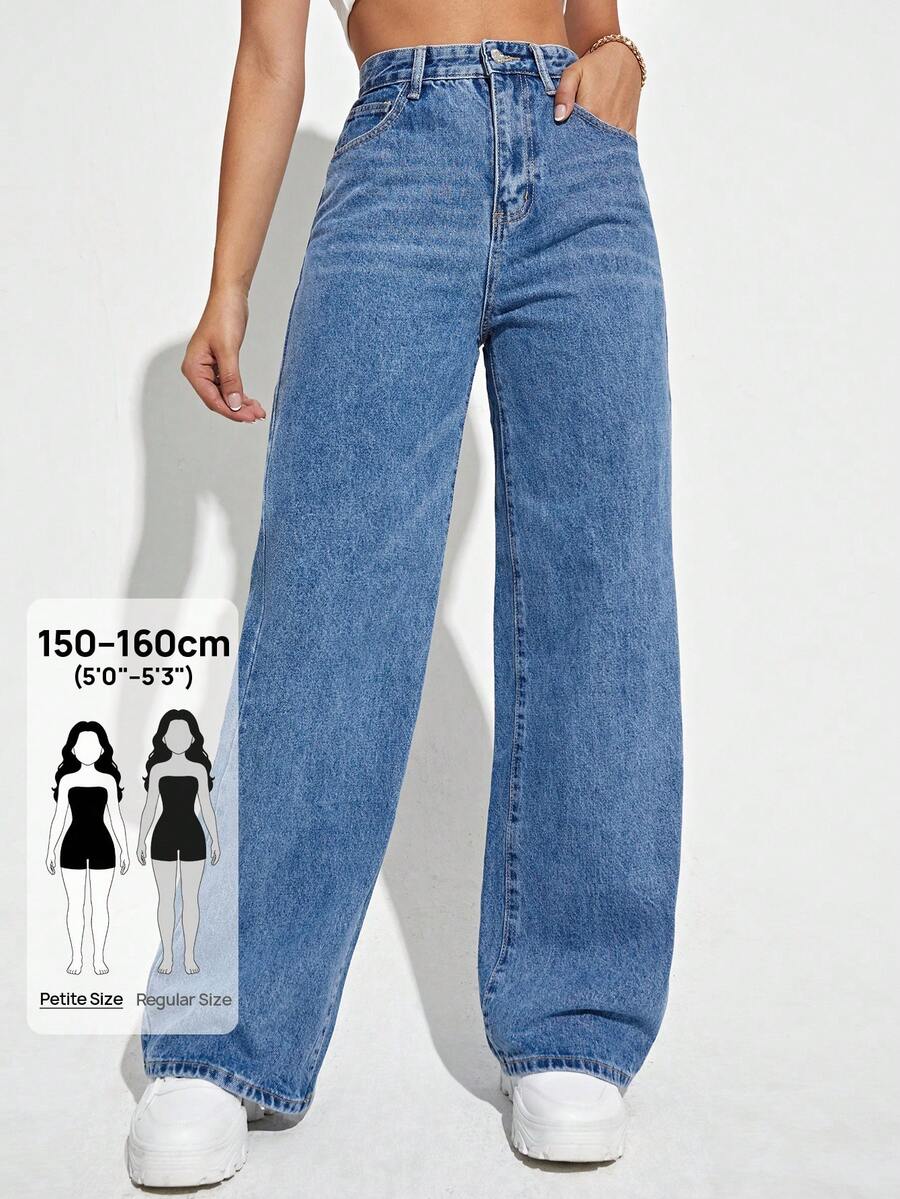SHEIN PETITE Celana Jeans Denim Biru Wanita Multi-Saku Ukuran Petite yang Modis dan Serbaguna untuk Aktivitas Luar Ruangan dan Perjalanan. - Light Wash - View 1