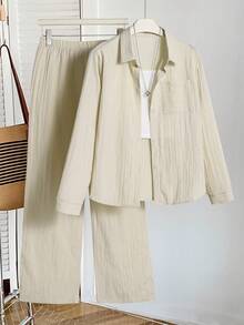 Conjunto de 3 piezas de ropa para adolescente chica: camisa holgada de manga larga color albaricoque + camiseta de tirantes blanca + pantalones de pierna ancha, estilo casual para vacaciones - Albaricoque - Ver 5