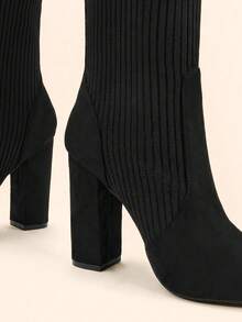 CUCCOO BASICS Women Fashion Shoes Knitting Point Toe Chunky Heeled Sock Black Boots - Hitam - View 5