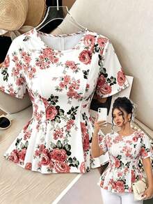 Elenzga Blus Wanita Ukuran Besar Elegan Kasual Serbaguna Leher Bulat Lengan Pendek Model Mengembang, Musim Semi/Panas - MultiWarna - View 3