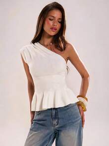 SHEIN BAE Asymmetrical Shoulder Waist-Defining Elegant Sexy Slim Fit Women's Sweater Birthday Night Off-White Summer - Beige - View 1