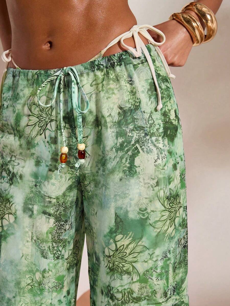 Opulessa 女款度假風綁帶設計印花罩衫上衣與長褲套裝 - 彩色 - 查看 1