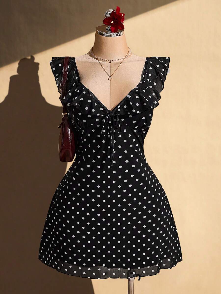 SHEIN ICON Plus Size Women Black & White Polka Dot Ruffle Hem Dress - Black and White - View 1