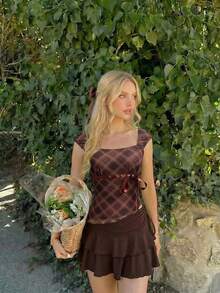 SHEIN MOD Women's Plaid Tank Top With Bow Ribbon Decor And Asymmetric Diagonal Hem Date Daytime Everyday Brown Plaid Summer 1960s Vintage Elegant Romantic - Mocha Brown - View 5