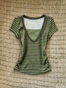 IslaSuriya Women's Summer Casual Striped Patchwork Short Sleeve T-Shirt - Multicolor - View 1