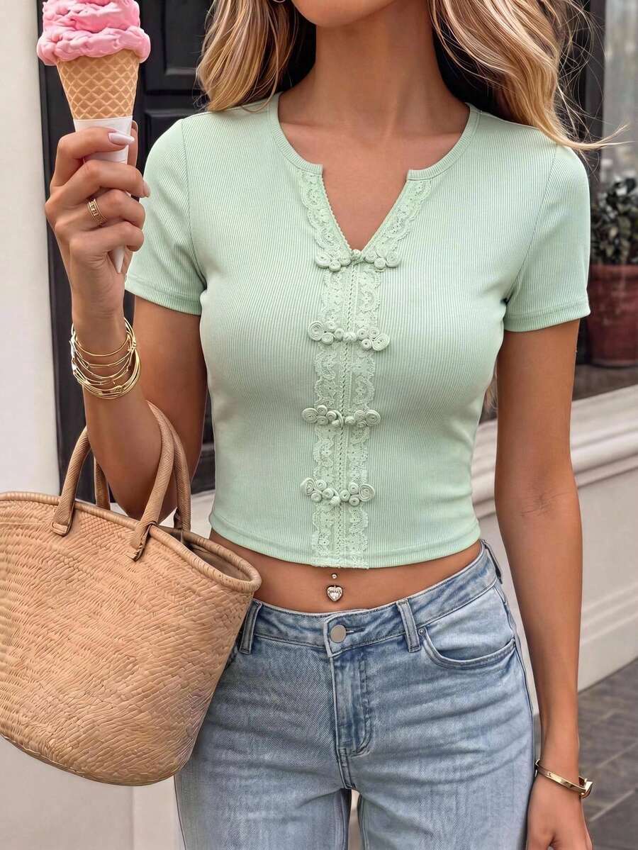 EastFlair New Chinese Retro Style Elegant Cute Old Money Knitted Short-Sleeved Top With Frog Buttons Tea Party Date Picnic Pool Party Vacation Mint Green Summer