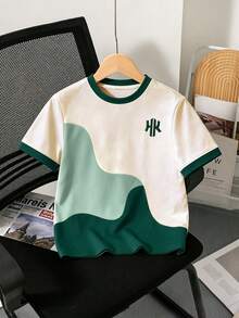 Camiseta de cuello redondo de manga corta para niño preadolescente con estampado divertido de patchwork en todo el Body, gráfico minimalista con eslogan en inglés, adecuada para reuniones festivas y fiestas, fácil y cómoda para primavera/verano, opción imprescindible de verano, ropa casual de moda, streetwear de primavera/verano, atuendo casual para salidas, fiesta de vuelta a la escuela, adecuada para picnic al aire libre - Multicolor - Ver 3