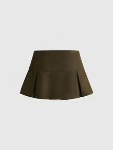 ROMWE Y2K Vintage Napoleon Ribbon Metal Buckle Decor Pleated Ultra Low Waist Women's Skirt - Brown - View 2