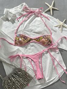 Costavie Swim SXY 兩件式比基尼套裝，春夏海灘度假，亮片紋理面料，掛脖平口上衣與側綁丁字褲下裝，性感比基尼套裝 - 彩色 - 查看 7