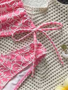 Swim Mod 女款 2 件式紋理多色可愛印花布料細肩帶綁帶比基尼套裝，三角褲底，熱銷海灘度假休閒優雅情人節派對背心吊帶比基尼套裝，適合假期海灘穿搭 - 彩色 - 查看 5