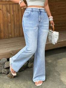 Sunnyshic New Lace Trim High Waist Plus Size Denim Flare Pants Light Blue Summer Vacation Casual Traditional - Blue - View 5