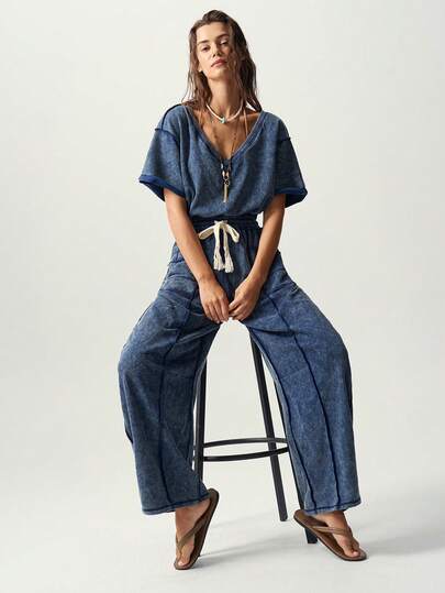Bohemela Mono casual de uso diario para mujer de color liso con cuello asimétrico y cintura con cordón