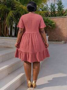 CurvyTilda Plus Size Summer Solid Color Textured Ruffle Hem Casual Vacation Dress, Western Wear, Festival Boho Hippie Cowgirl Outfit Old Money Bohemian Elegant - Dusty Pink - View 2