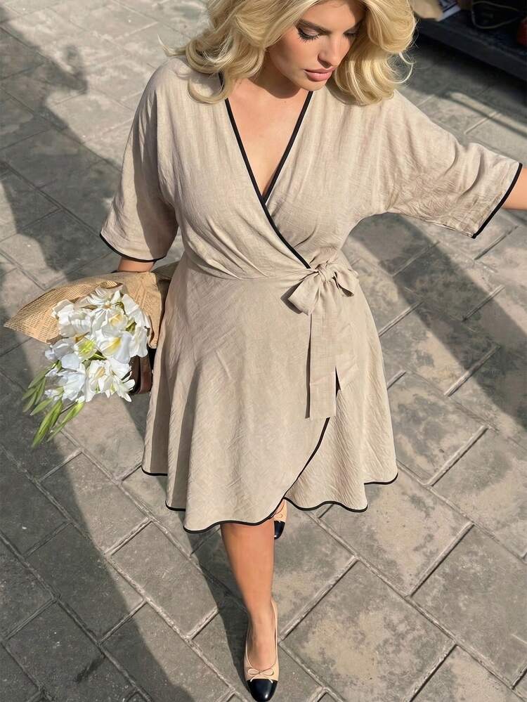 Dripcurv Plus Size Women Autumn Casual Flapper 1920s Elegant Colorblock Trim Lace-Up Wrap Dress Vacation Summer Holiday Wedding Evening Cocktail Party