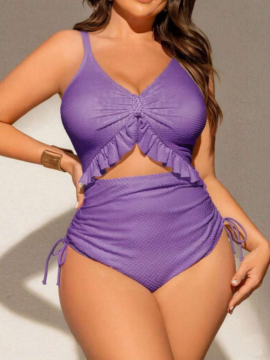 Swim Chiccia 大尺碼女款一件式特殊面料泳衣,深V領、可調節肩帶、可拆式胸墊、胸下荷葉邊、側邊抽繩,時尚性感休閒度假海灘泳裝 - 淡紫色 - 查看 1