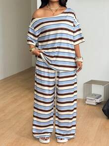 Coolane Women's Plus Size Summer Streetwear Casual Basic Daily Wear Going Out Office Comfy Blue And Brown Stripes Off Shoulder T-Shirt Wide Leg Outfits - Blue and White - View 5