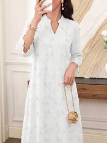 Lacomfia Spring/Summer Fashion Mint Green Positioned 3D Embroidered Stand Collar Mid-Length Sleeve Dress - White - View 7