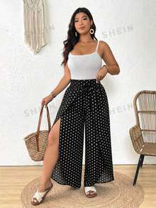 SHEIN Frenchy 休閒度假通勤日常大尺碼女款圓點腰帶開衩寬腿褲 - 黑與白 - 查看 7
