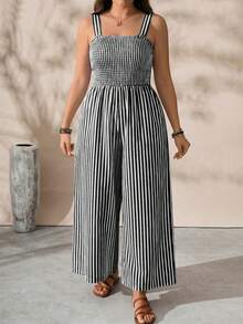 EMERY ROSE Plus Size Women's Striped Shirred Design Vacation Casual Jumpsuit - Black - View 3