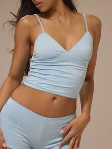MUSERA Blue Picot Trim V Neck Cami Top With Fitted Picot Trim Mini Shorts Sold As Set Pajamas - Blue - View 6