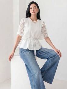 Heiryn Women's Solid Color Round Neck Pleated Casual Versatile Daily Outing Shirt - White - View 3