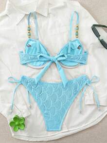Swim Chiccia 26SS 春夏度假海灘紋理布料綠色鋼圈聚攏比基尼套裝 - 藍色 - 查看 2