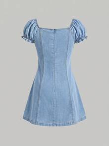 SHEIN MOD 女士方领褶皱休闲派对牛仔连衣裙 - 藍色 - 查看 10