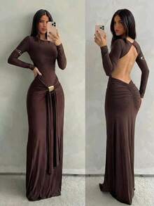 Aloruh Women's Autumn New Backless Fitted Dress, Suitable For Party Night Out, Date, Evening Event, Gathering Dark Brown Sexy - Brown - View 1