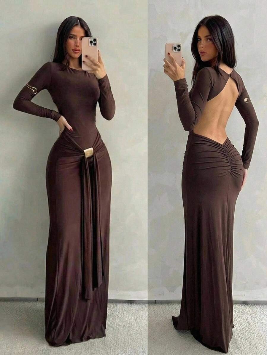Aloruh Women's Autumn New Backless Fitted Dress, Suitable For Party Night Out, Date, Evening Event, Gathering Dark Brown Sexy - Brown - View 1