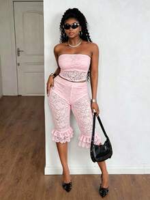 Maweii Sexy Date & Casual Outing Tight Bodycon Lace Patchwork Plus Size Black Tube Top & 3/4 Length Pants 2-Piece Set - Baby Pink - View 6
