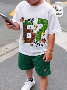 SHEIN 2件裝青少年男孩新款休閒極簡Y2K Mini World 67號經典時尚酷感運動風寬鬆舒適圓領短袖T恤，適合春夏 - 白色 - 查看 3