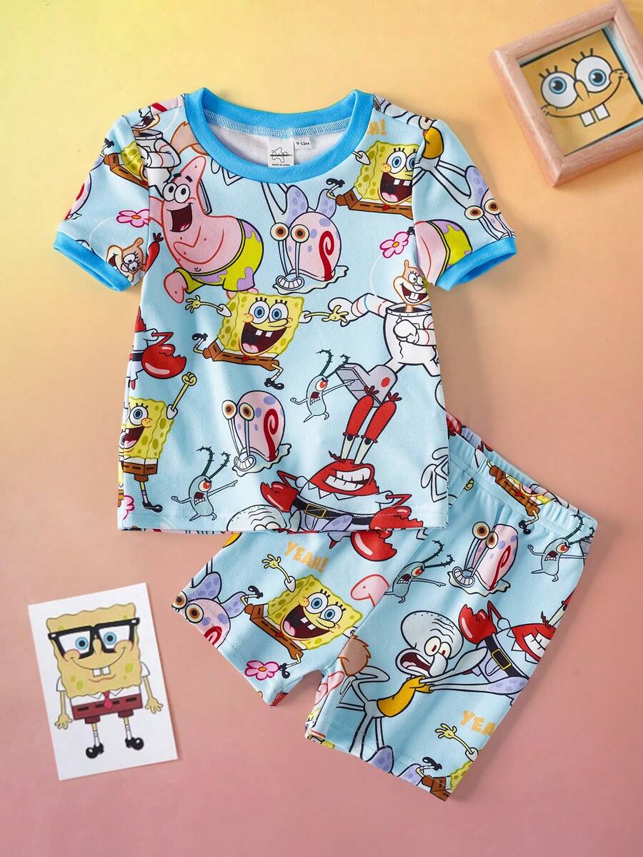 SpongeBob SquarePants | SHEIN 男嬰卡通印花上衣與短褲套裝 貼身居家休閒服 - 藍色 - 查看 1