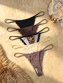Bare Chapter 5pcs/Pack Women's Lace Patchwork Bow Tie Leopard Print Thong Panties - Multicolor - View 2
